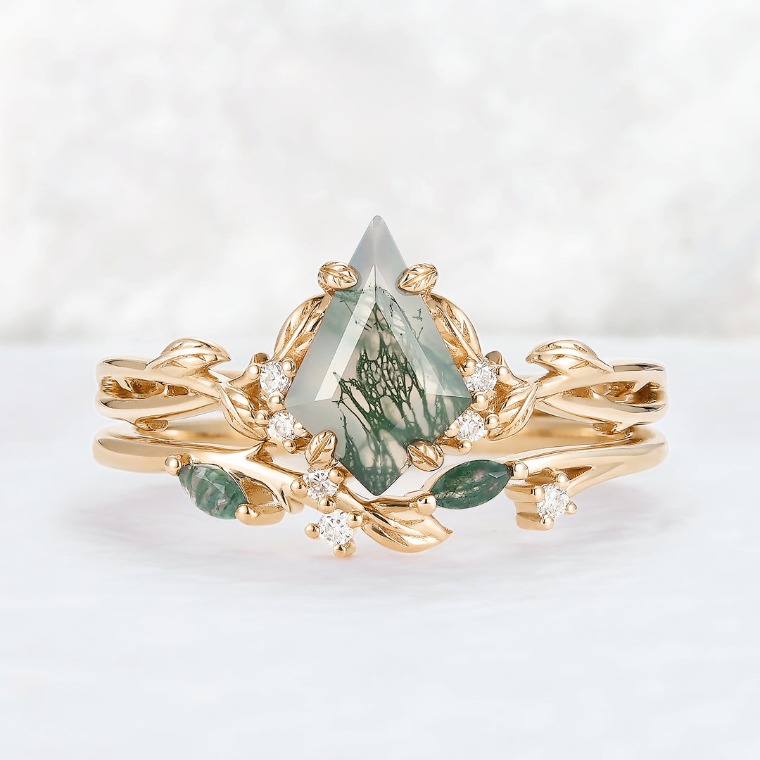 Nature Inspired Kite Cut Moss Agate Leaf Gemstone Ring Set 2pcs