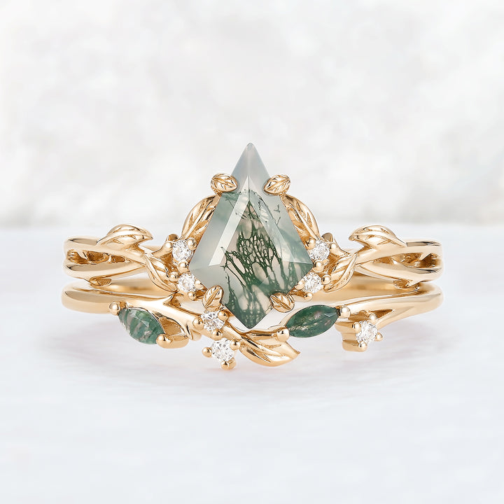 Nature Inspired Kite Cut Moss Agate Leaf Gemstone Ring Set 2pcs