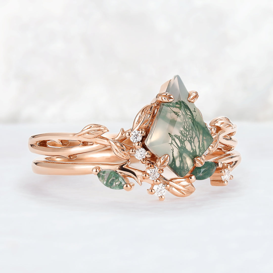 Nature Inspired Kite Cut Moss Agate Leaf Gemstone Ring Set 2pcs