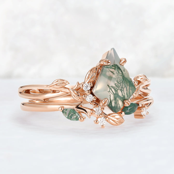 Nature Inspired Kite Cut Moss Agate Leaf Gemstone Ring Set 2pcs