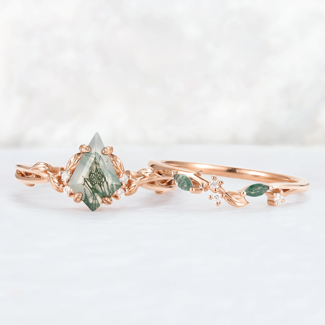 Nature Inspired Kite Cut Moss Agate Leaf Gemstone Ring Set 2pcs