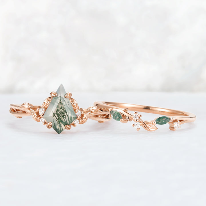 Nature Inspired Kite Cut Moss Agate Leaf Gemstone Ring Set 2pcs