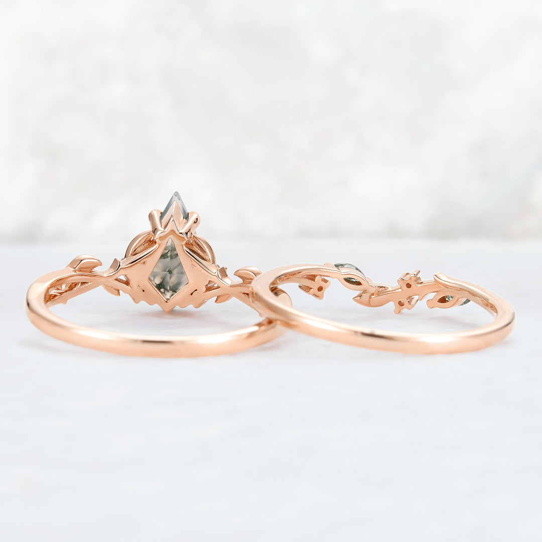 Nature Inspired Kite Cut Moss Agate Leaf Gemstone Ring Set 2pcs