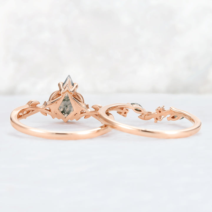 Nature Inspired Kite Cut Moss Agate Leaf Gemstone Ring Set 2pcs
