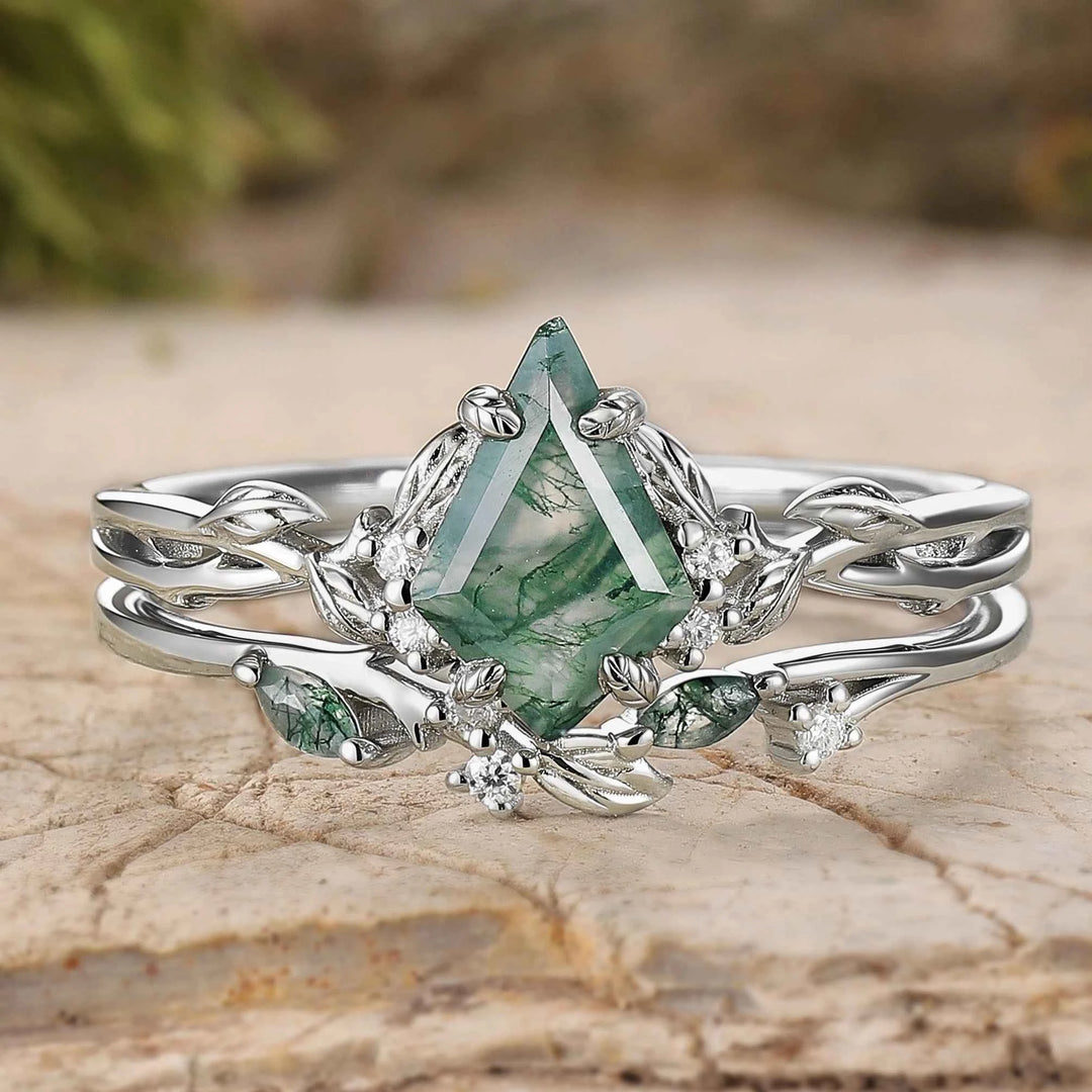 Nature Inspired Kite Cut Moss Agate Leaf Gemstone Silver Ring Set 2pcs