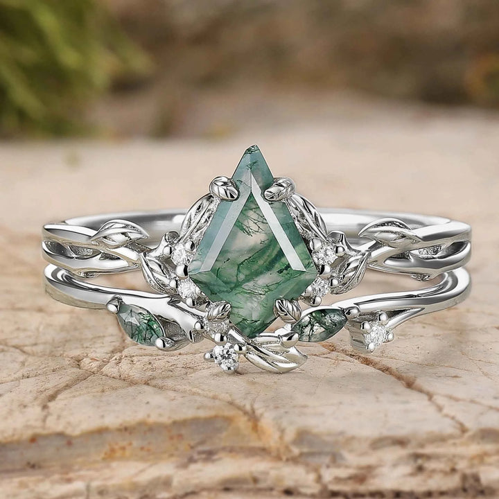 Nature Inspired Kite Cut Moss Agate Leaf Gemstone Silver Ring Set 2pcs