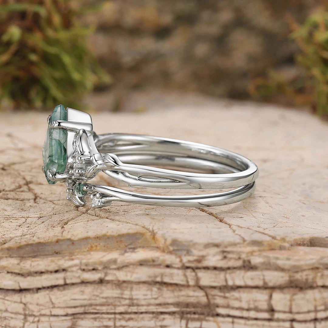 Nature Inspired Kite Cut Moss Agate Leaf Gemstone Silver Ring Set 2pcs