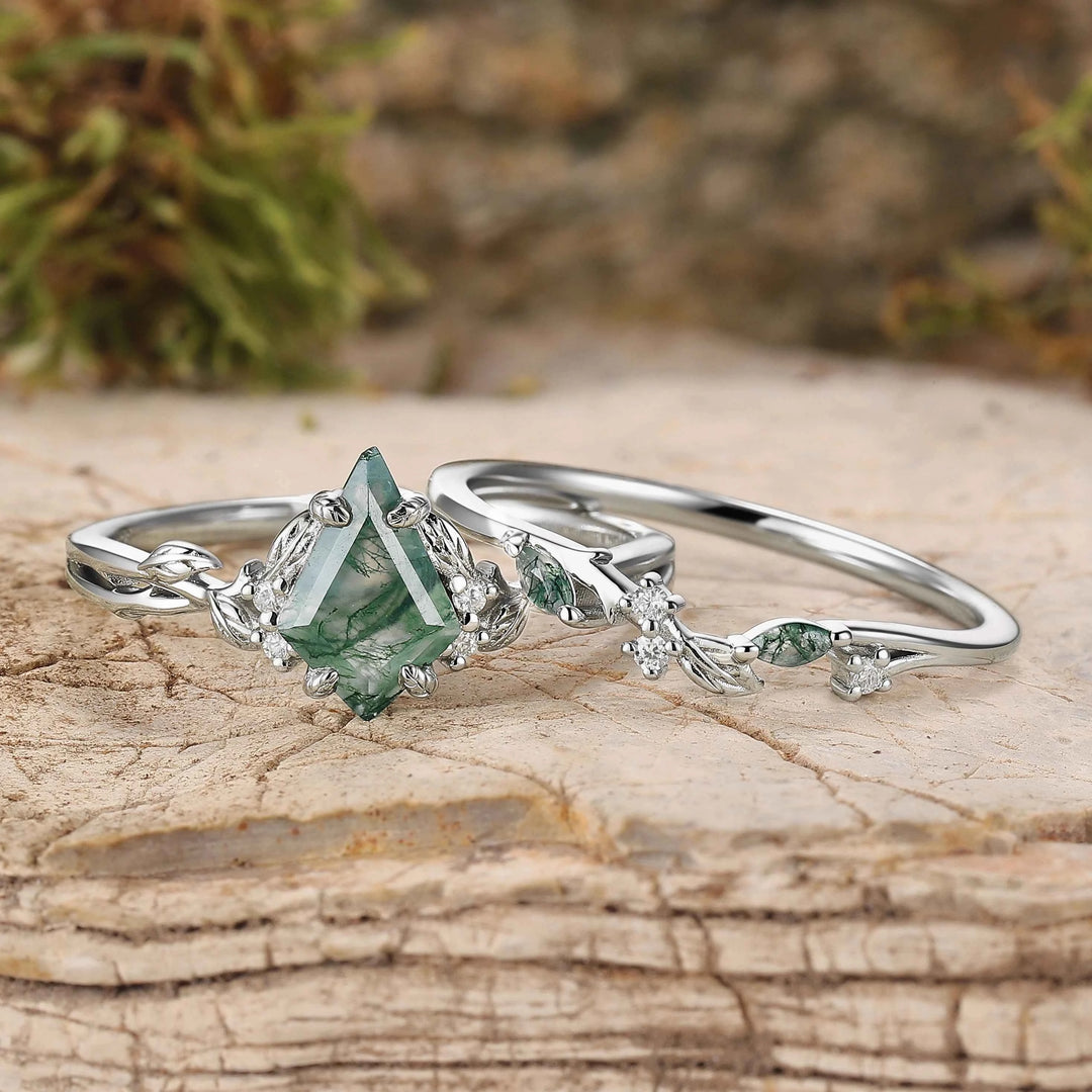 Nature Inspired Kite Cut Moss Agate Leaf Gemstone Silver Ring Set 2pcs