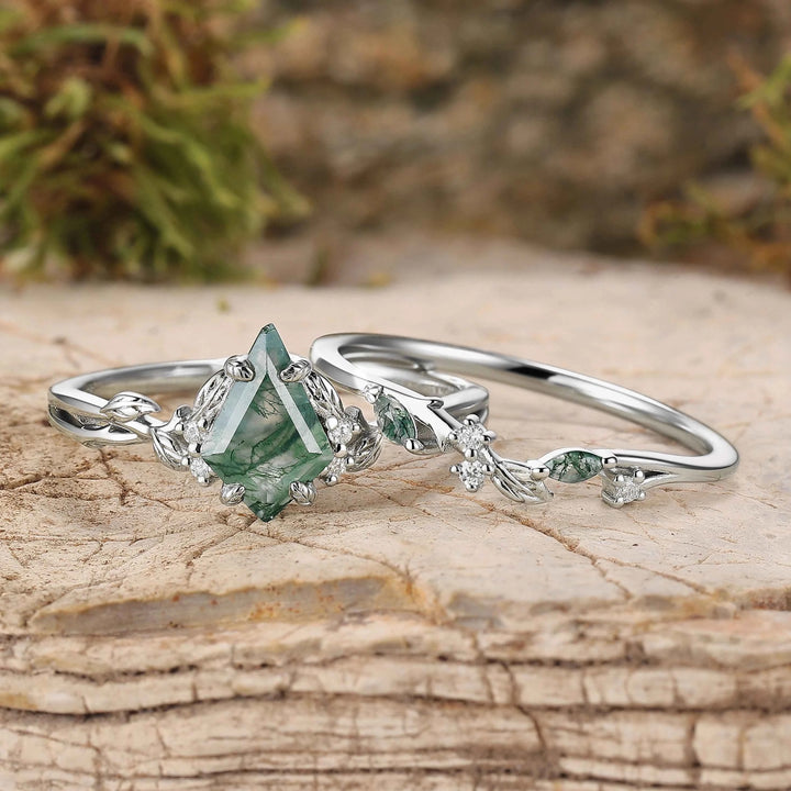 Nature Inspired Kite Cut Moss Agate Leaf Gemstone Silver Ring Set 2pcs