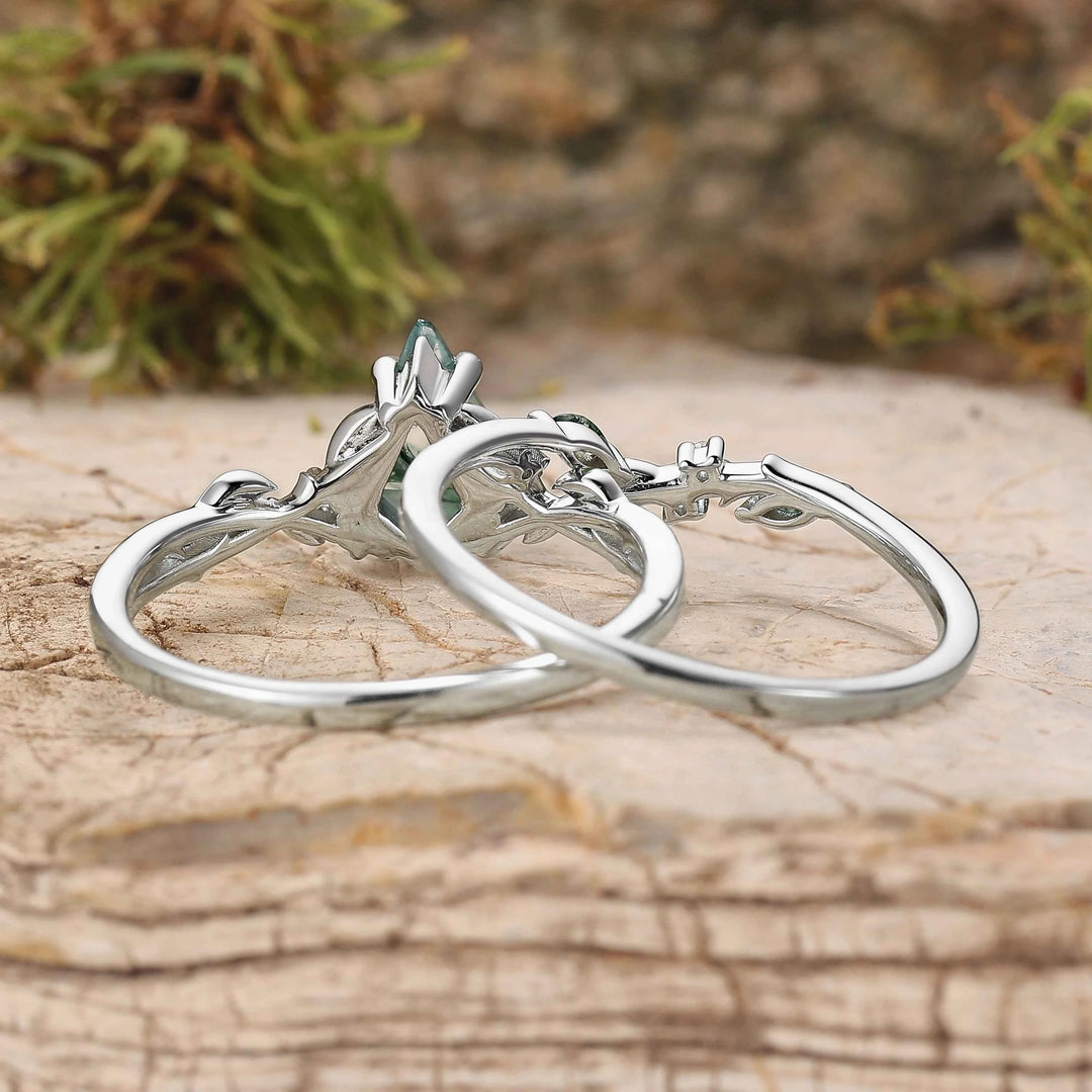 Nature Inspired Kite Cut Moss Agate Leaf Gemstone Silver Ring Set 2pcs