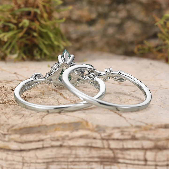 Nature Inspired Kite Cut Moss Agate Leaf Gemstone Silver Ring Set 2pcs