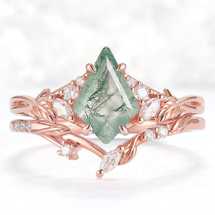 Nature Inspired Kite Cut Moss Agate Leafy Ring Set 2pcs