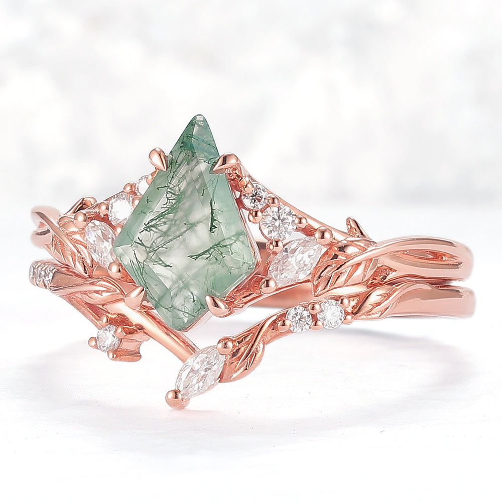 Nature Inspired Kite Cut Moss Agate Leafy Ring Set 2pcs