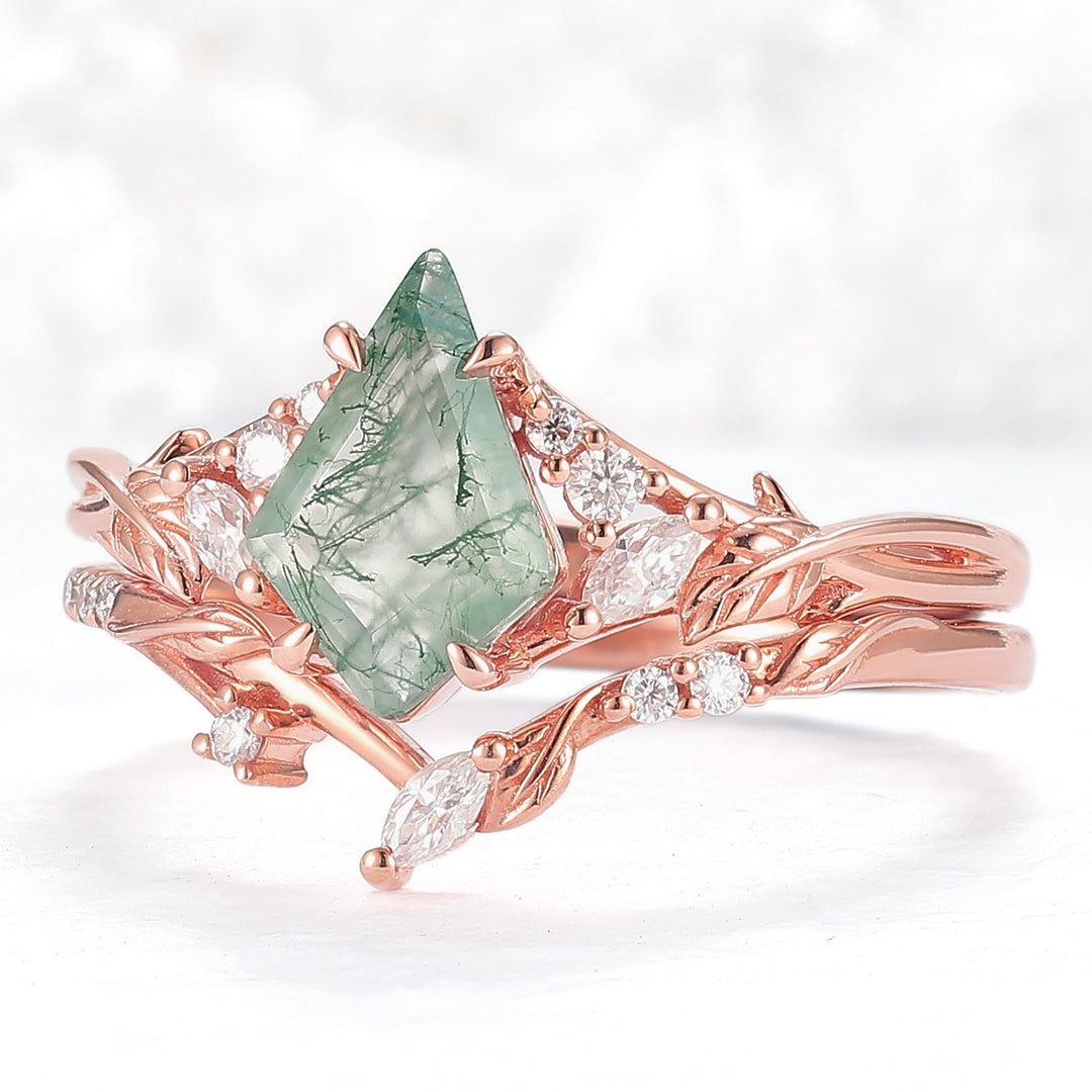 Nature Inspired Kite Cut Moss Agate Leafy Ring Set 2pcs