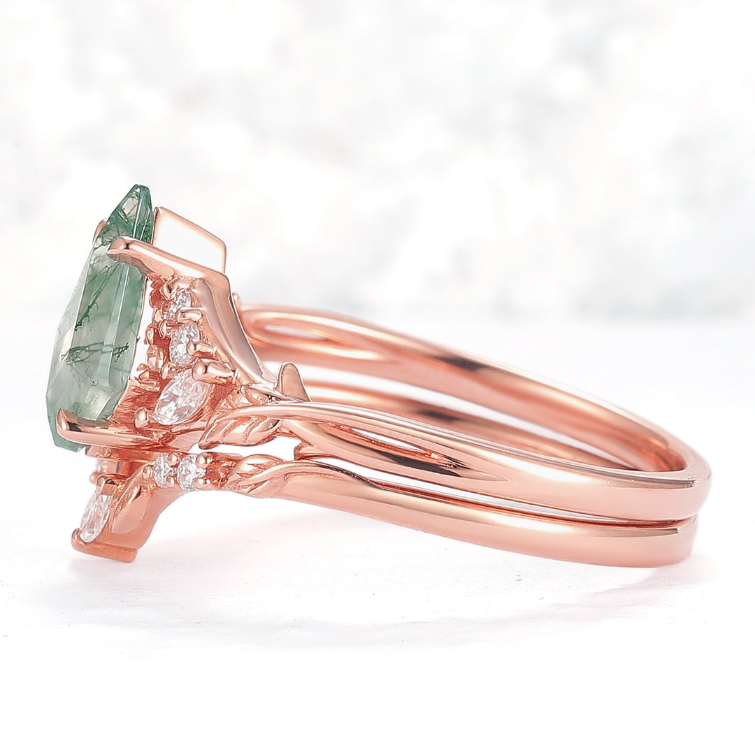 Nature Inspired Kite Cut Moss Agate Leafy Ring Set 2pcs