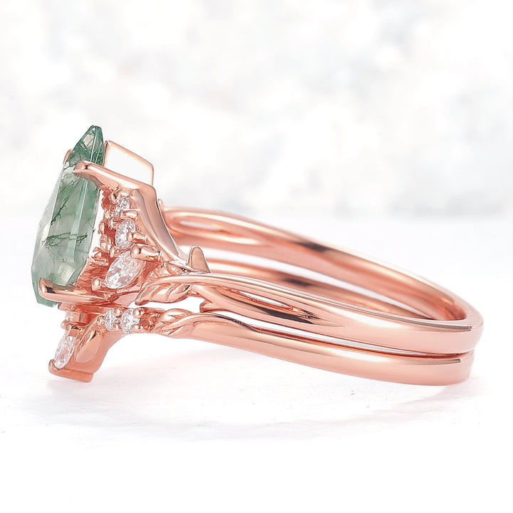 Nature Inspired Kite Cut Moss Agate Leafy Ring Set 2pcs