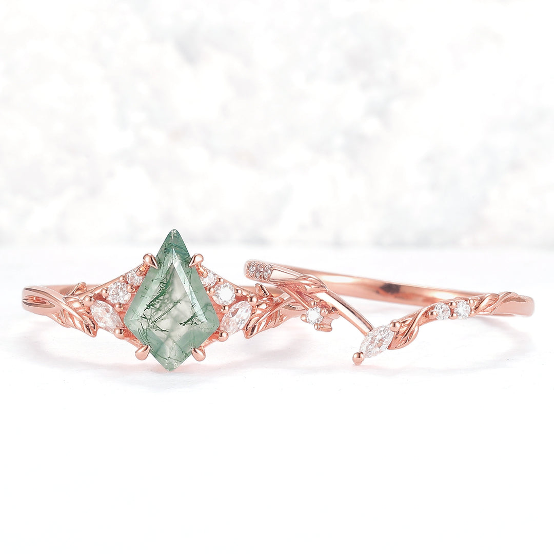 Nature Inspired Kite Cut Moss Agate Leafy Ring Set 2pcs
