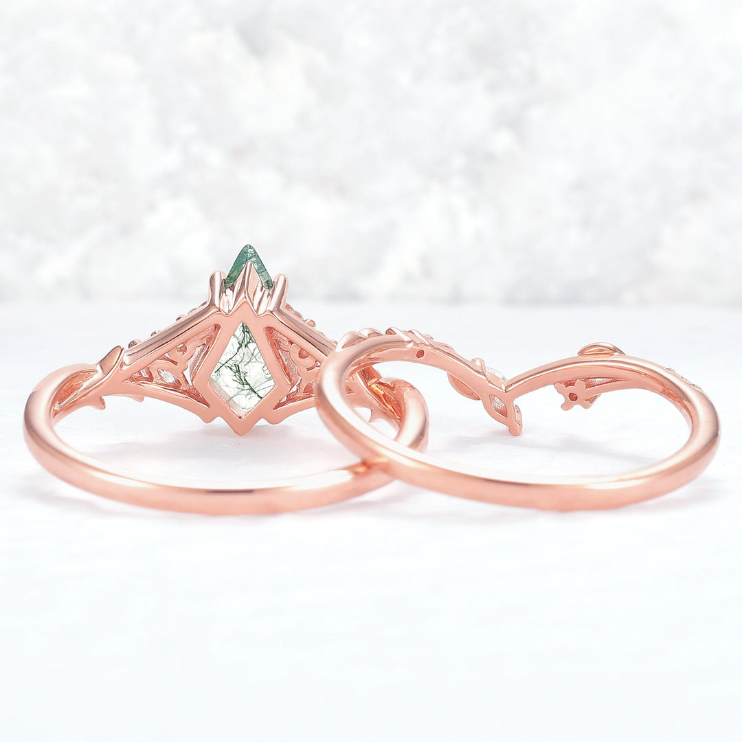 Nature Inspired Kite Cut Moss Agate Leafy Ring Set 2pcs