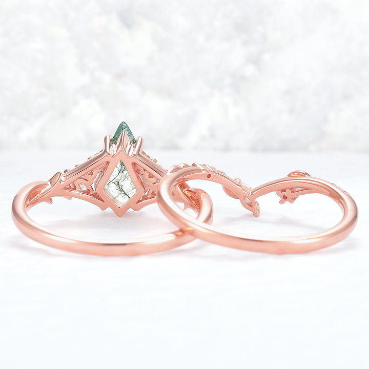 Nature Inspired Kite Cut Moss Agate Leafy Ring Set 2pcs