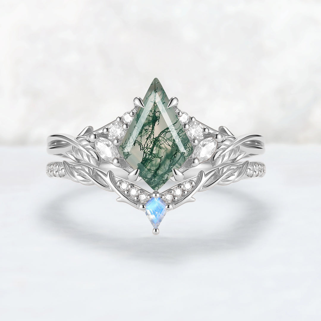 Nature Inspired Kite Cut Moss Agate Leafy Engagement Ring Set 2pcs