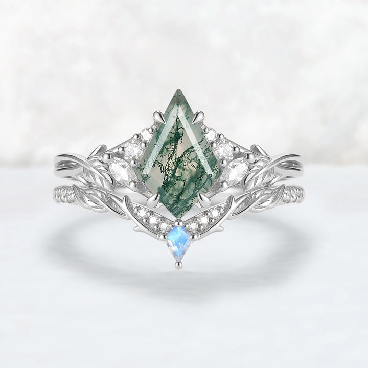 Nature Inspired Kite Cut Moss Agate Leafy Engagement Ring Set 2pcs