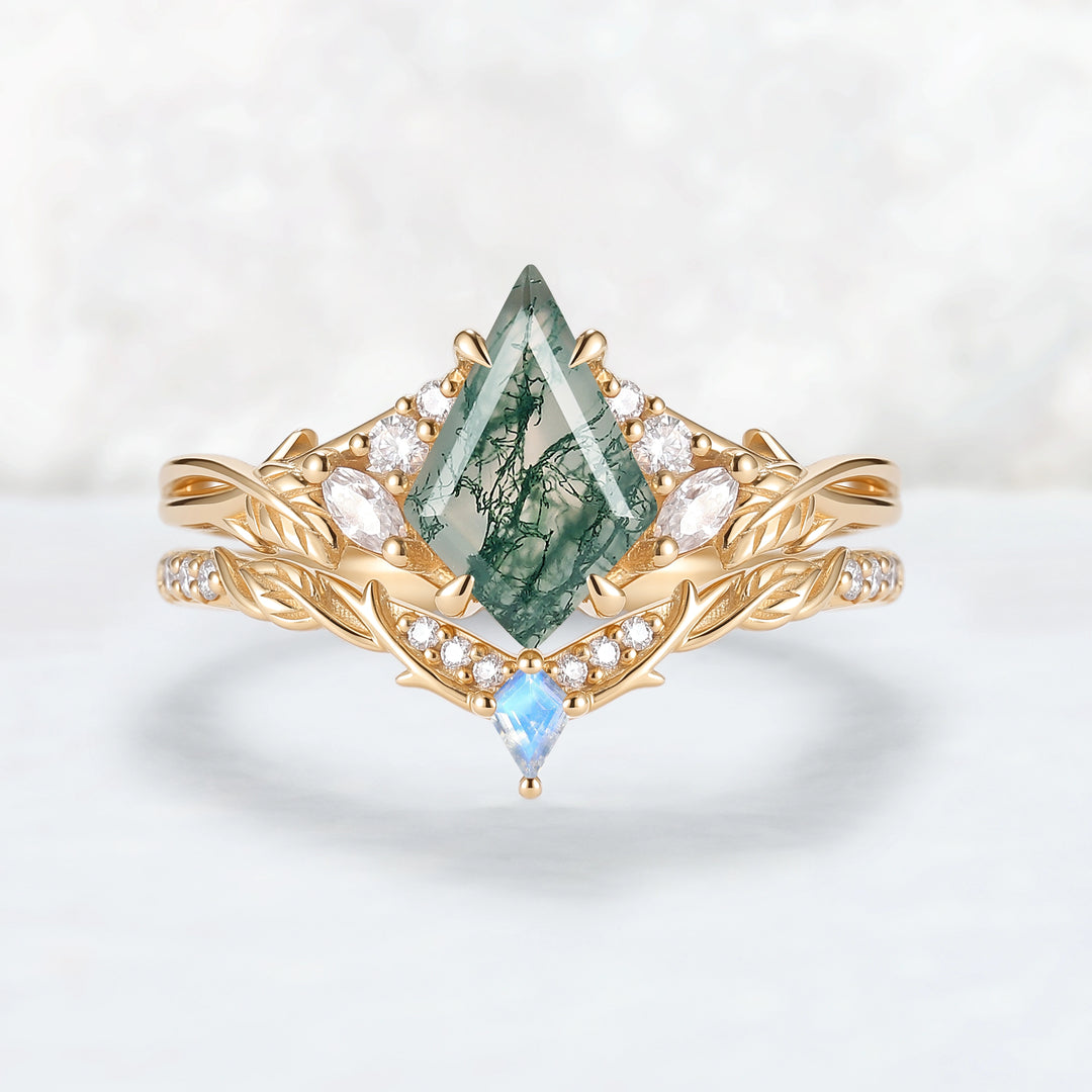 Nature Inspired Kite Cut Moss Agate Leafy Engagement Ring Set 2pcs