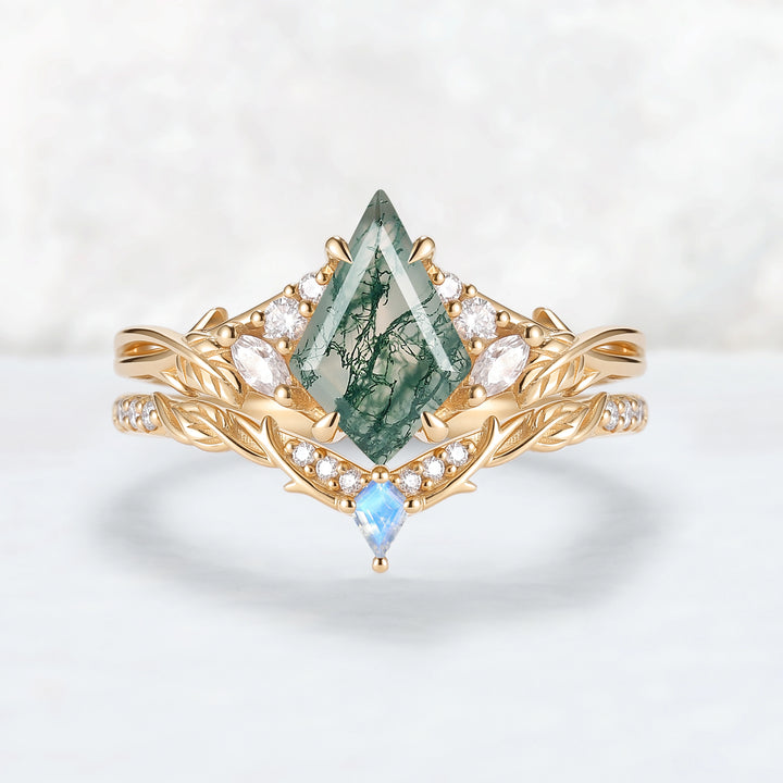 Nature Inspired Kite Cut Moss Agate Leafy Engagement Ring Set 2pcs