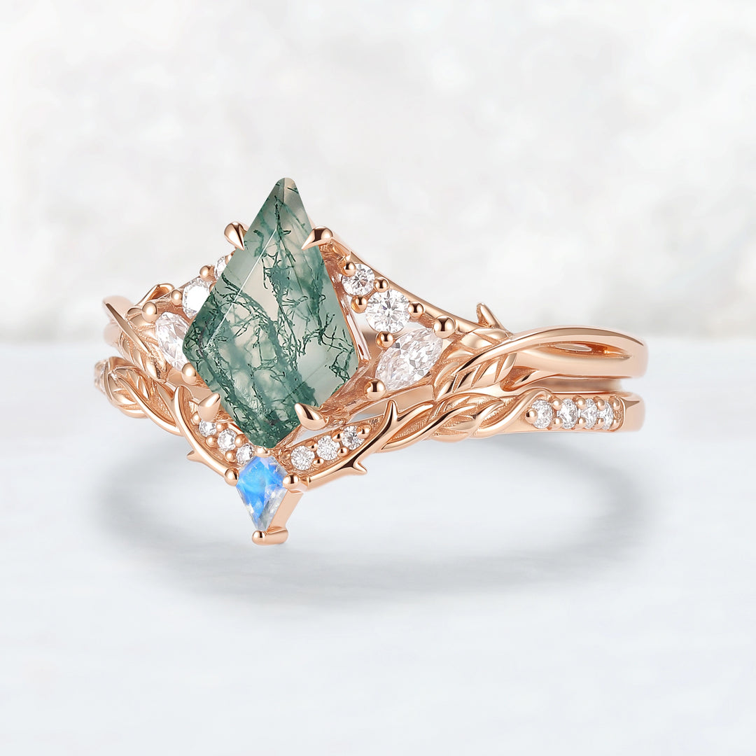 Nature Inspired Kite Cut Moss Agate Leafy Engagement Ring Set 2pcs