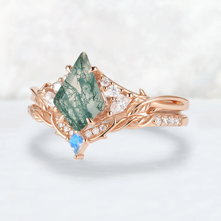 Nature Inspired Kite Cut Moss Agate Leafy Engagement Ring Set 2pcs