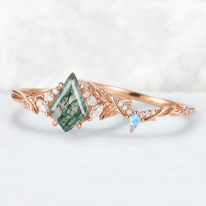 Nature Inspired Kite Cut Moss Agate Leafy Engagement Ring Set 2pcs