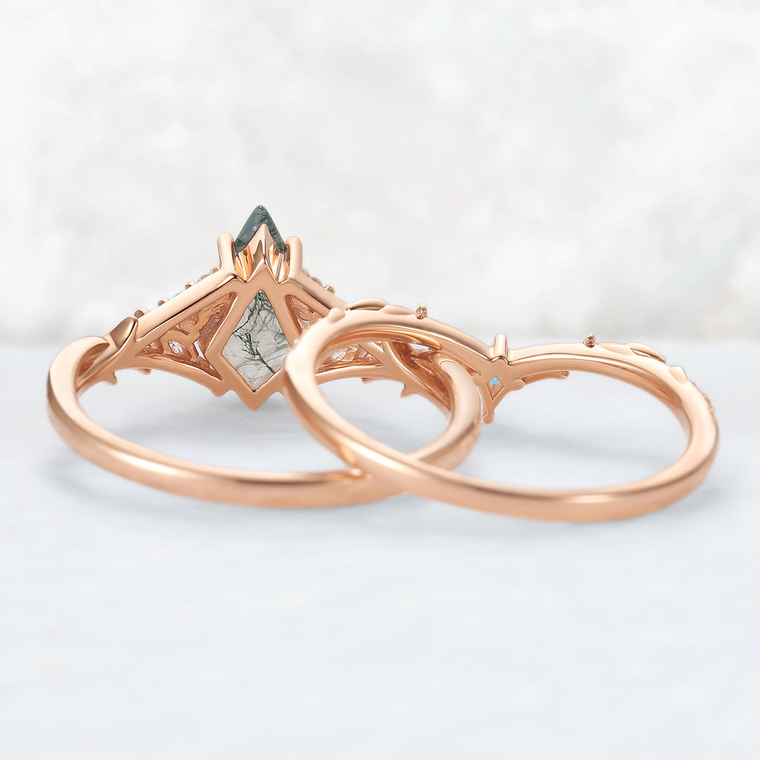 Nature Inspired Kite Cut Moss Agate Leafy Engagement Ring Set 2pcs
