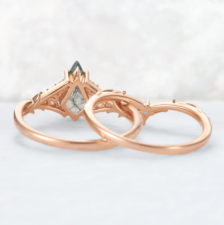 Nature Inspired Kite Cut Moss Agate Leafy Engagement Ring Set 2pcs