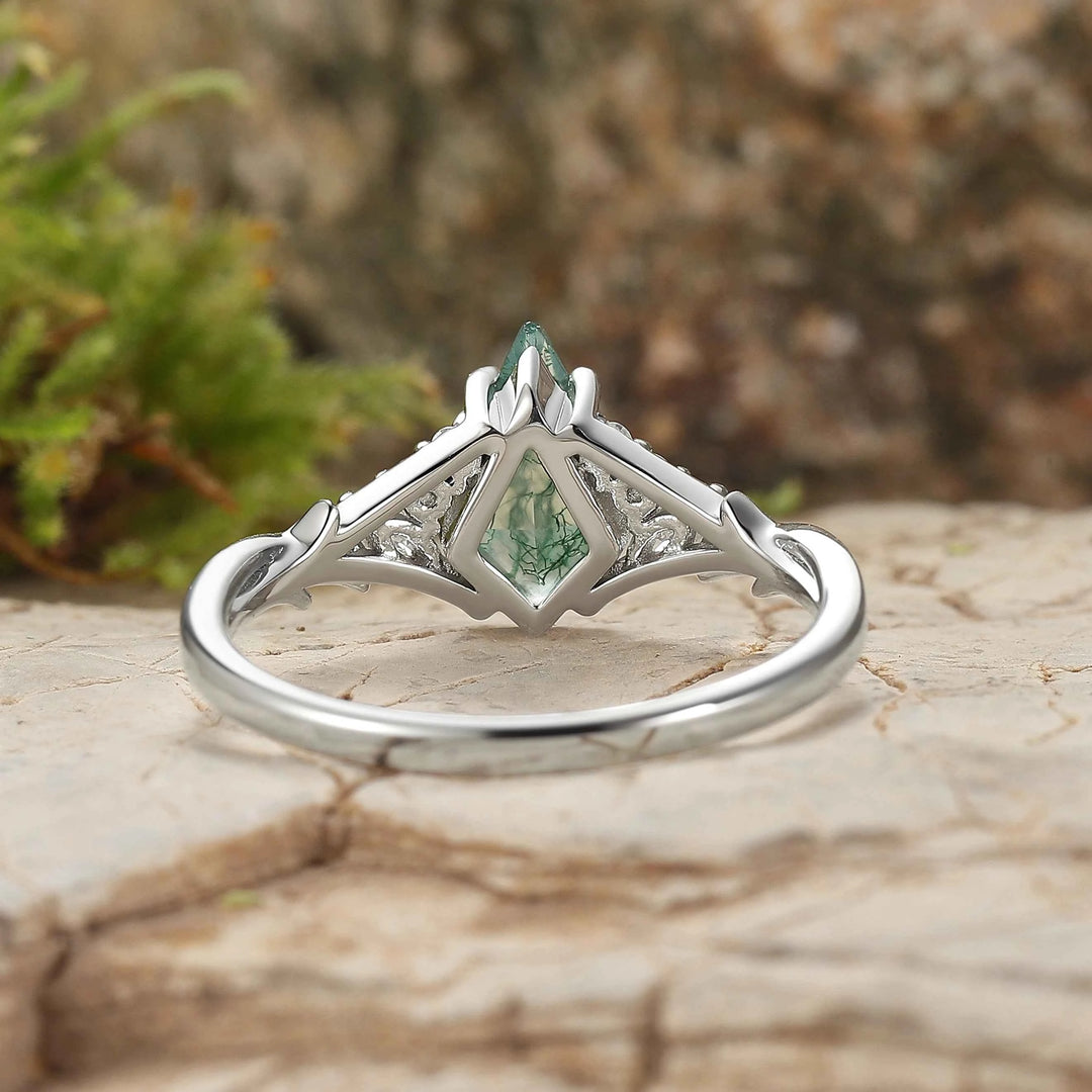 Nature Inspired Kite Cut Moss Agate Leafy Gemstone Ring