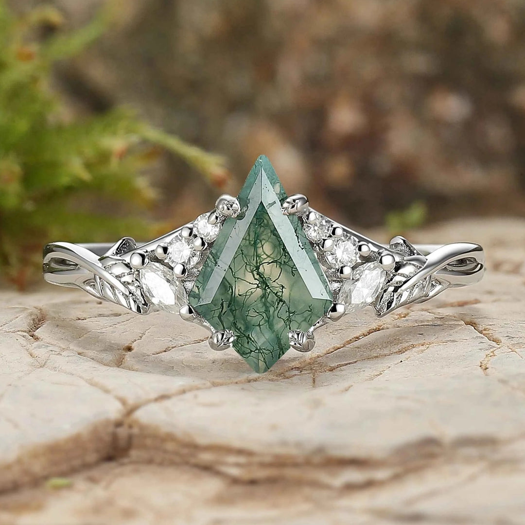 Nature Inspired Kite Cut Moss Agate Leafy Gemstone Ring
