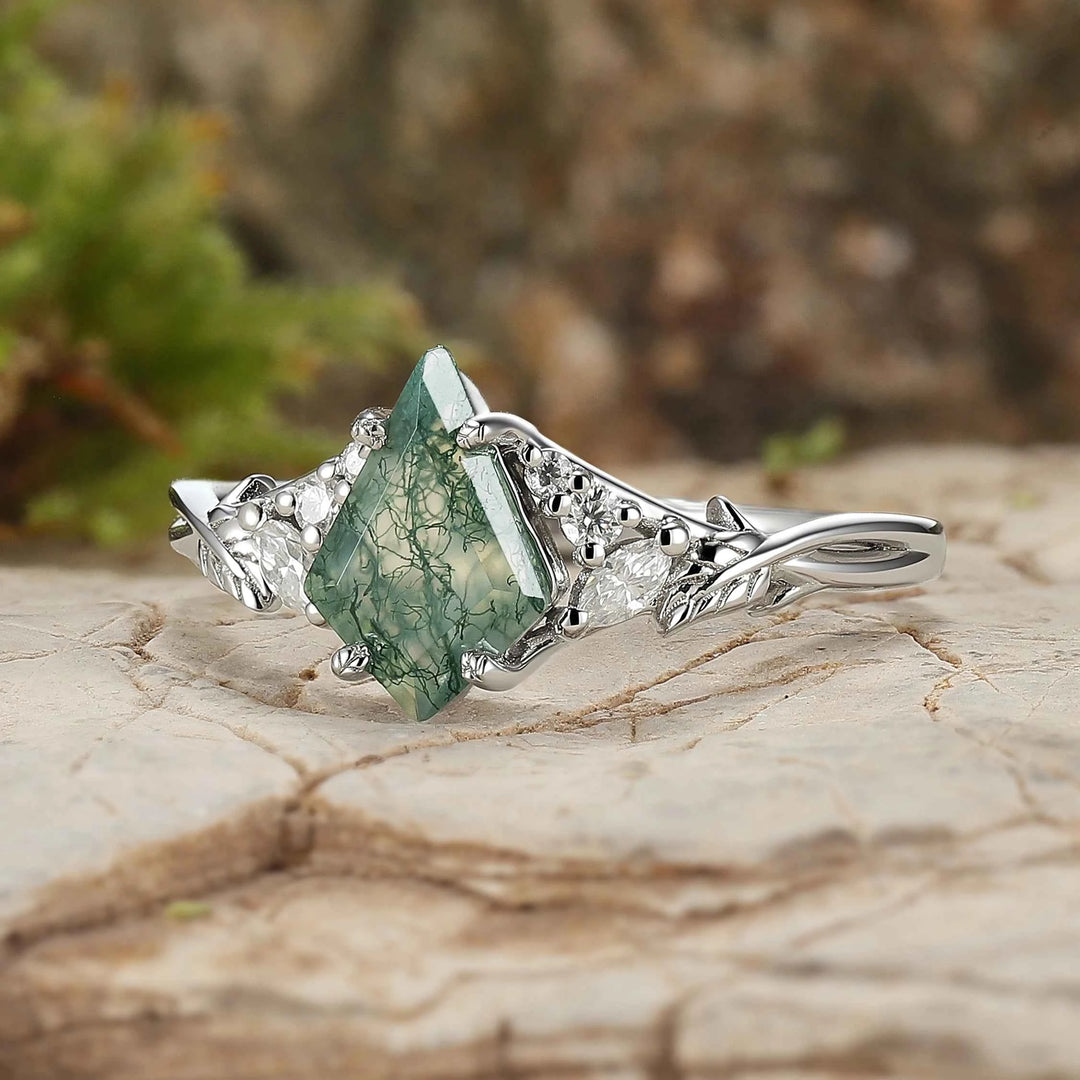 Nature Inspired Kite Cut Moss Agate Leafy Gemstone Ring