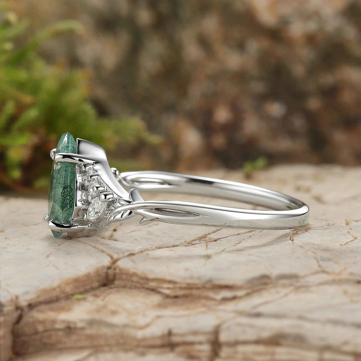 Nature Inspired Kite Cut Moss Agate Leafy Gemstone Ring