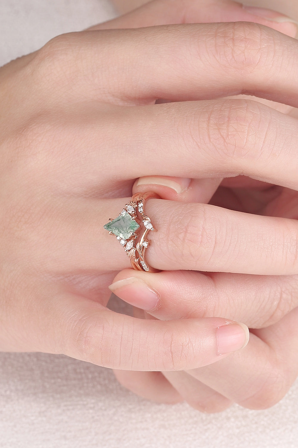 Nature Inspired Kite Cut Moss Agate Leafy Ring Set 2pcs