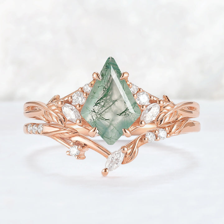 Nature Inspired Kite Cut Moss Agate Leafy Ring Set 2pcs