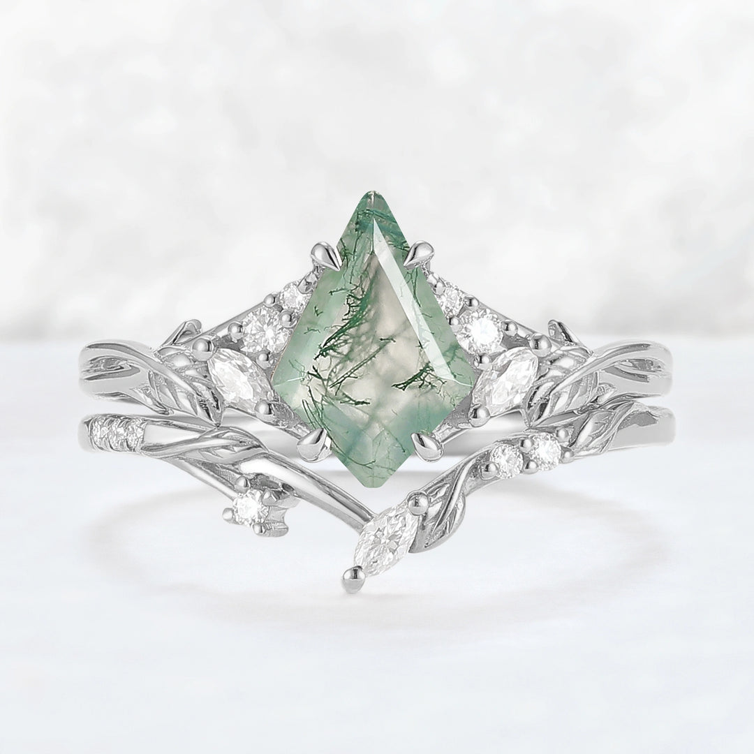 Nature Inspired Kite Cut Moss Agate Leafy Ring Set 2pcs