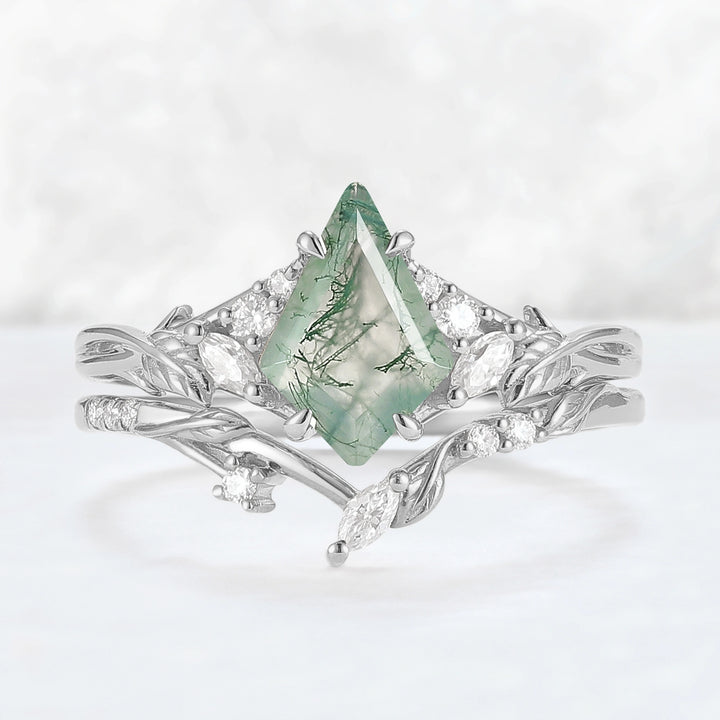 Nature Inspired Kite Cut Moss Agate Leafy Ring Set 2pcs