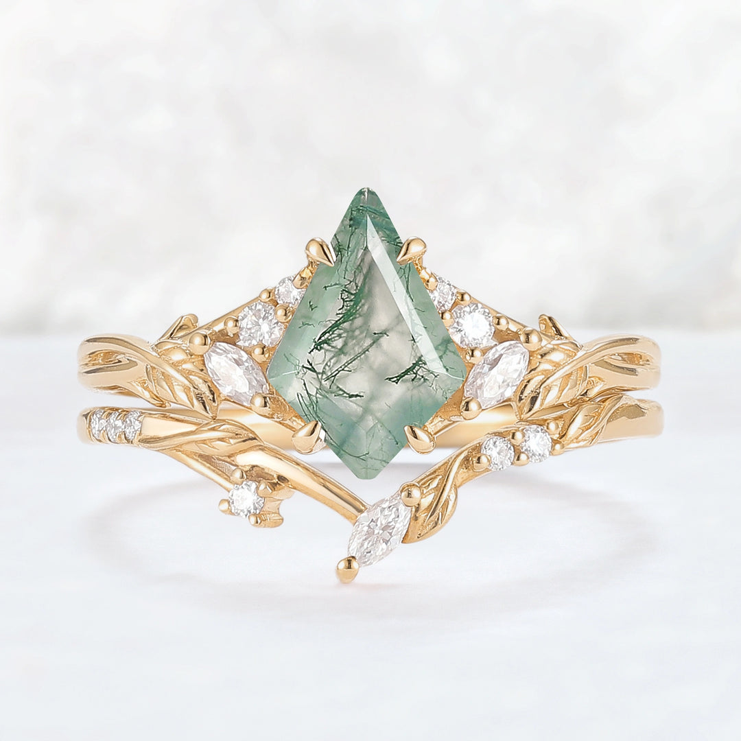 Nature Inspired Kite Cut Moss Agate Leafy Ring Set 2pcs