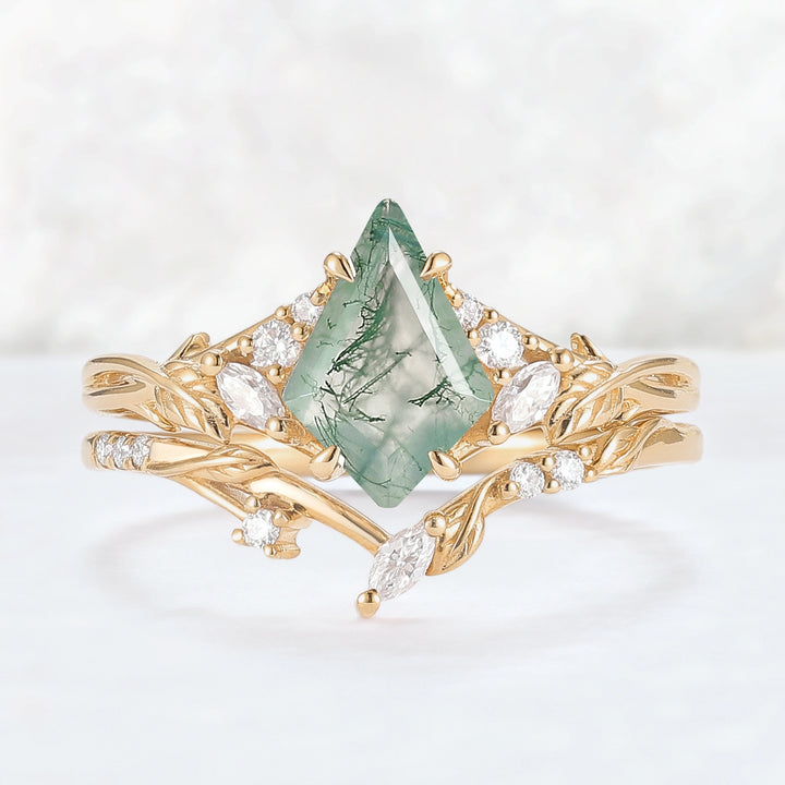 Nature Inspired Kite Cut Moss Agate Leafy Ring Set 2pcs