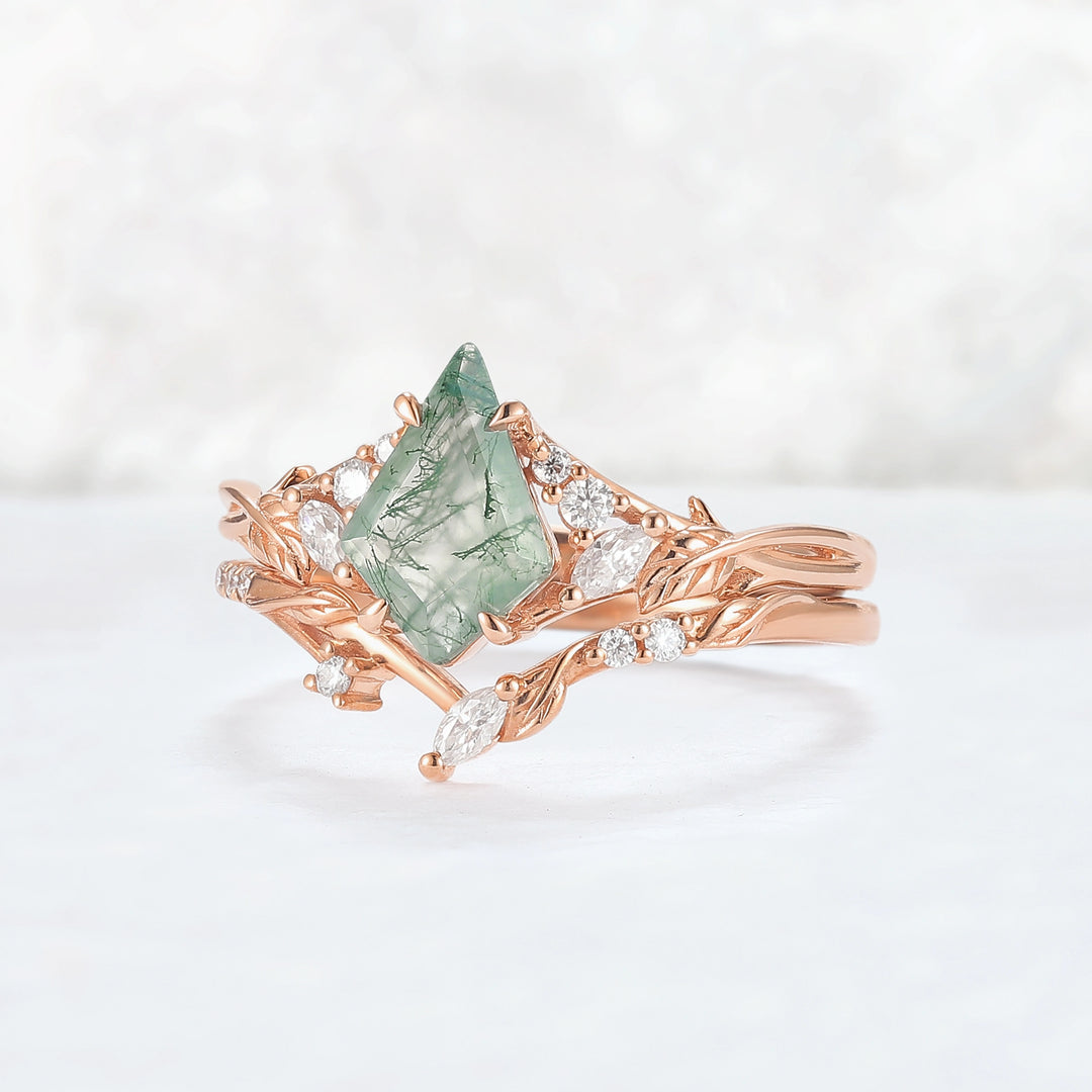 Nature Inspired Kite Cut Moss Agate Leafy Ring Set 2pcs