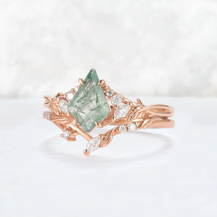 Nature Inspired Kite Cut Moss Agate Leafy Ring Set 2pcs