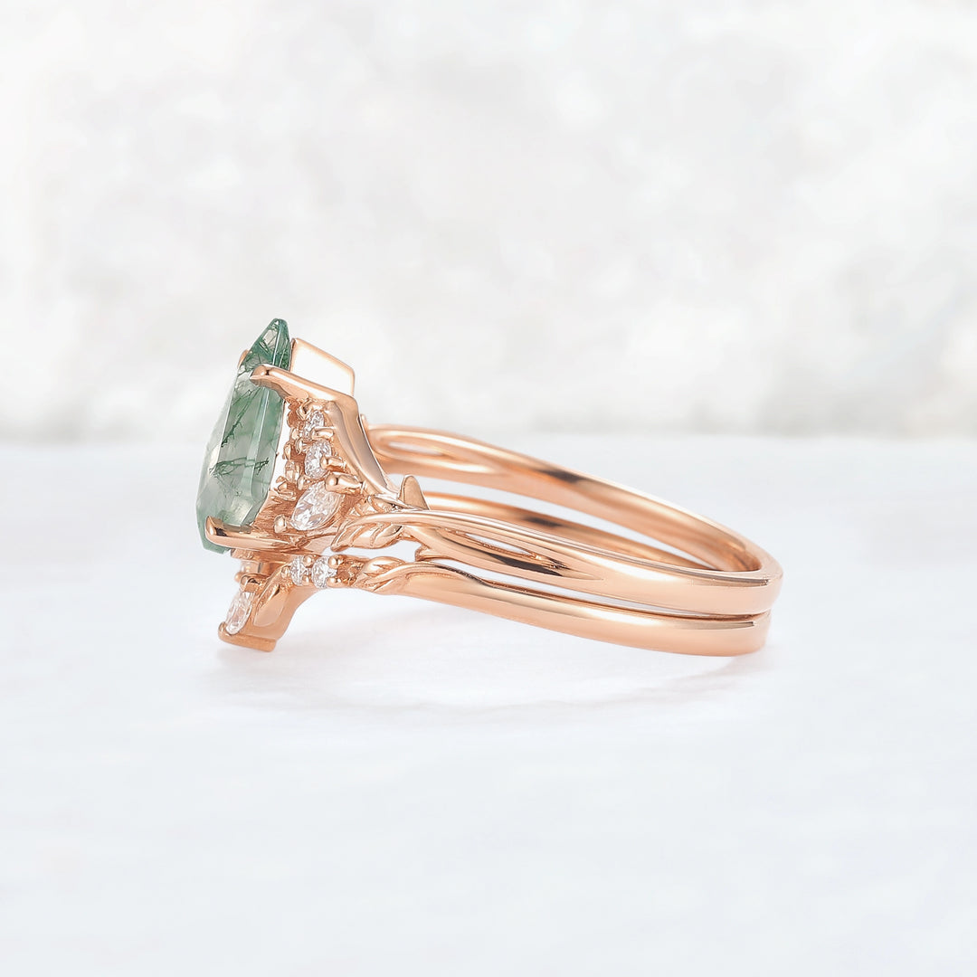 Nature Inspired Kite Cut Moss Agate Leafy Ring Set 2pcs