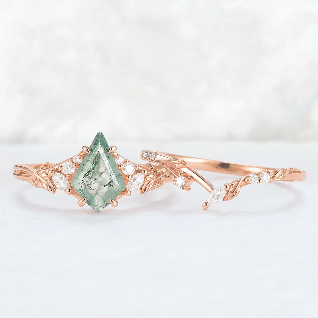 Nature Inspired Kite Cut Moss Agate Leafy Ring Set 2pcs