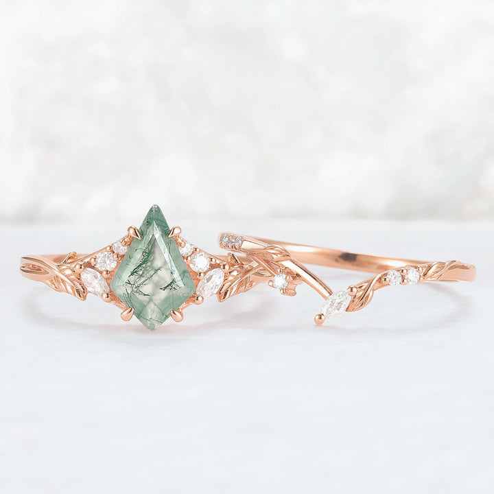 Nature Inspired Kite Cut Moss Agate Leafy Ring Set 2pcs