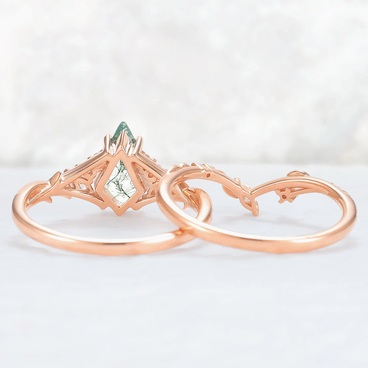 Nature Inspired Kite Cut Moss Agate Leafy Ring Set 2pcs