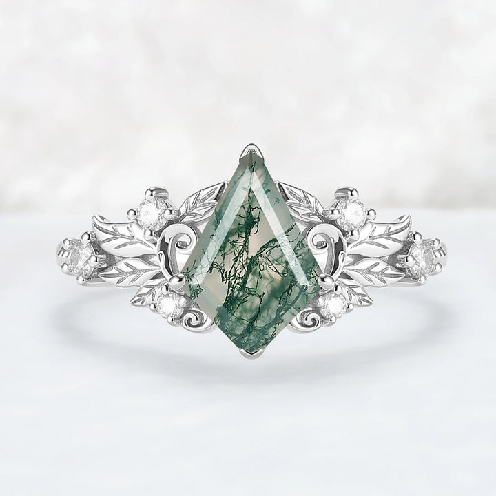 Nature Inspired Kite Cut Moss Agate Leafy and Buds Gemstone Ring