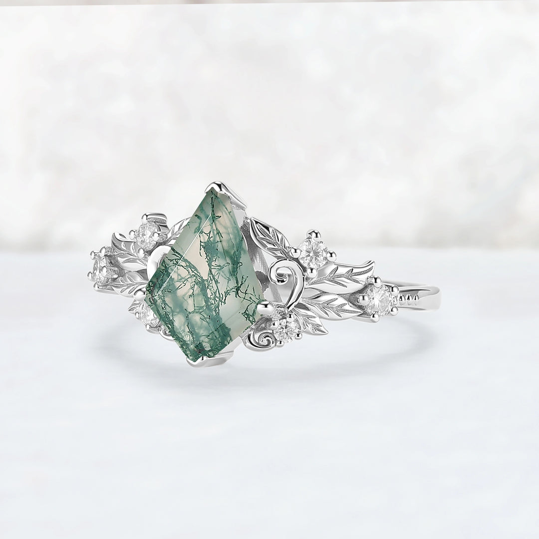 Nature Inspired Kite Cut Moss Agate Leafy and Buds Gemstone Ring